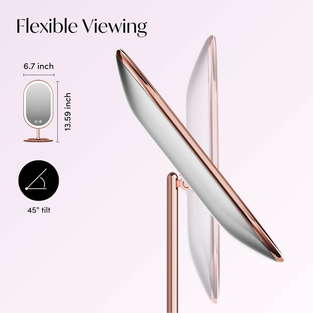 Vera LED makeup mirror infographic showing 45-degree tilt and 13.59-inch height for flexible vanity viewing.